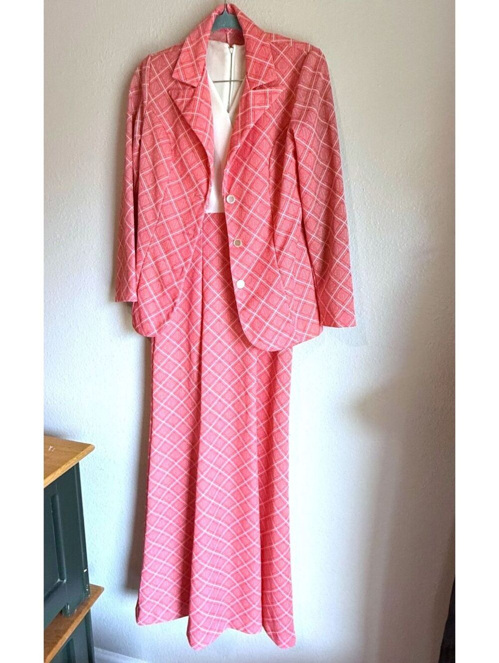 Vintage Handmade Coral Pink White Grid Patterned Sleeveless Dress Blazer Set
